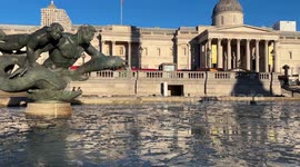 Icy Temperatures Freeze Fountains at Trafalgar Square During Bitter Winter Morning in Central London