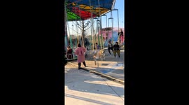 Golden retriever relaxes on flying chair ride, Henan, China