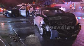 US, Los Angeles: Santa Clarita Deputy Taken To Hospital After Patrol SUV Slams Into Sedan With AERIALS