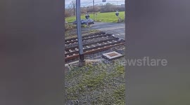 Motorist drives along railway tracks seconds away from coming train