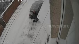 Moment 'miserable git' knocks down five-year-old boy's snowman