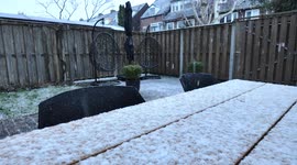 Winter's Rest: Snowflakes Gently Blanket a Silent Garden Patio