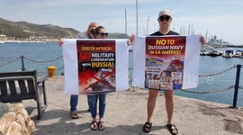 Ukrainians picket as Russian naval ship docks in Cape Town
