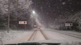 Blinding snowfall hits A49 in Ludlow during Storm Goretti, Shropshire, UK