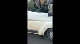 Truck driver startled awake during a break in Castleside, UK