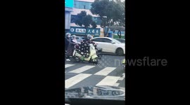 Passing scooter rider rescues injured kitten struggling to crawl across busy road in China