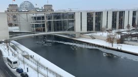 Surface of Spree River in Germany partially freezes due to cold weather