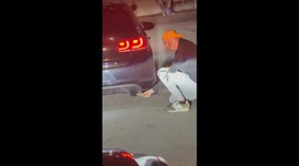 Man lights a cigarette using car exhaust flames in Porto, Portugal