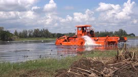 Aquatic weed harvester machines clearing a lake of excessive weeds and providing a hunting ground for dragonflies.