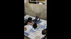 Kittens relax on boy's back as they watch movie together