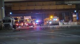 US, Los Angeles: Ontario Semi Crashes Into Freeway Beam And Stops Traffic On 10 Freeway Part 2