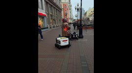Woman trips over autonomous delivery robot on Stary Arbat Street, Moscow, Russia