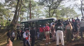 Tourists join together to push crashed bus back up hillside