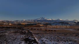 Drone captures semi-wild horses at sunset near Mount Erciyes in central Türkiye