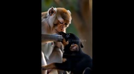 Monkey Treats Puppy Like Family, Feeding, Hugging and Sleeping Together