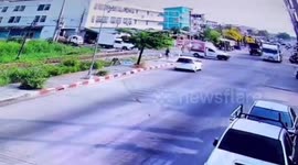 Train crashes into trailer truck crossing railway line in Thailand