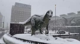 Japan: Dinosaur Robots in Fukui Brave Through Heavy Snow Like Prehistoric Ice Age