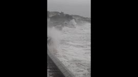 Storm ingrid Hits Dawlish England dangerous Waves hit the main railway station