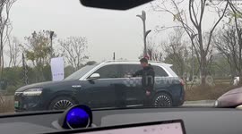 Man humorously “controls” car with hand gestures beside AITO M9 in Sichuan, China