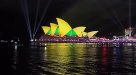 Sydney Opera House lights up in green and gold for Australia Day, Sydney, Australia