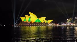 Sydney Opera House lights up in green and gold for Australia Day, Sydney, Australia