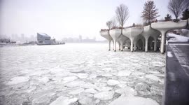 Ice floating on Hudson river as temperature continue to be below freezing point