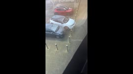 Opel Mokka collides with bollards and posts in Scunthorpe parking lot, England, UK