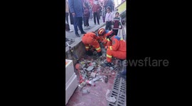 China: Chinese fire crew breaks open new road to rescue stranded Labrador