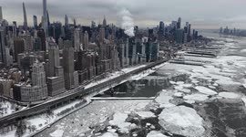 DRONE - Hudson River partly frozen after heavy winter storm