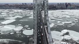 Ice floes form on Hudson River after heavy snowstorm in NYC