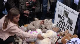 Teddy bears left outside Downing Street in protest against Aleppo bombing