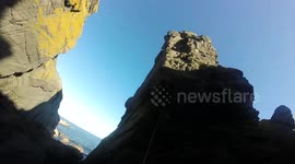 middle of climbing the souter sea stack