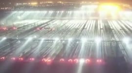 Aerial footage of hundreds of trains parked up for maintenance